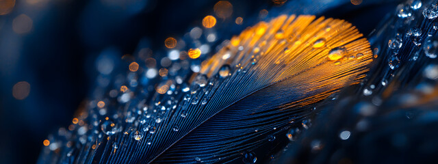 A close-up of the blue and yellow center parting on an elegant peacock feather
