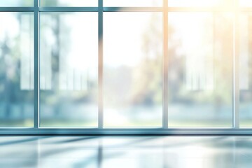 Fototapeta premium Blurred glass window interior background with sunlight shining through the windows. Blurry office or business center scene with large panoramic windows and a view of the natural landscape outside. 