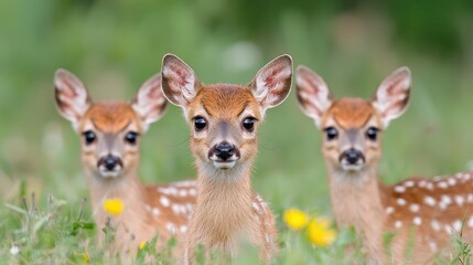 Fototapeta premium Three fawn deer in a field, focused, wildlife photography, nature scene, suitable for nature, wildlife, or conservation