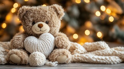 Cozy brown teddy bear holding knit heart with warm lights and blanket in background