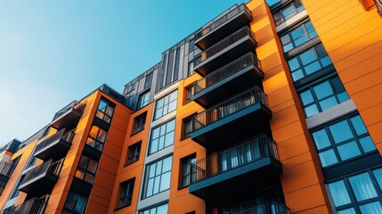 Fototapeta premium Orange apartments, city skyline, sunrise, modern