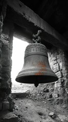 Obraz premium Ancient bell hangs, weathered metal, rustic charm.
