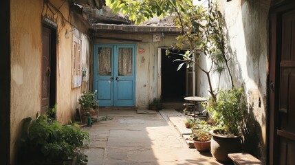 Obraz premium Sun-drenched Asian courtyard with potted plants and blue door