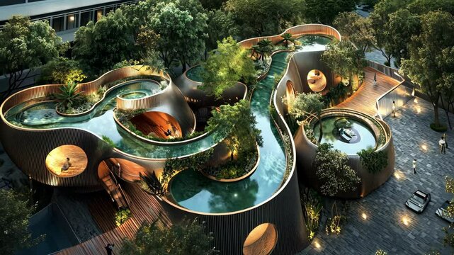 Creative architectural design of a modern landscape featuring flowing water elements and lush greenery in an urban setting