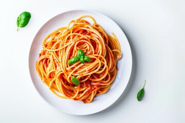Delicious spaghetti with tomato sauce and basil on white plate. Artificial intelligence image