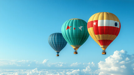 Fototapeta premium Colorful Hot Air Balloons Gracefully Soaring in the Clear Blue Sky Above Fluffy Clouds During a Serene Morning