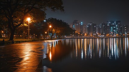 Night park path by lake reflecting city lights