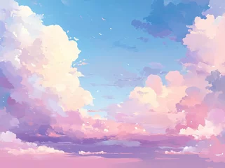 A beautiful, pastel-colored scene of orange and blue, with fluffy clouds scattered across the sky, featuring a multi-colored rainbow in an abstract fantasy setting with growing light