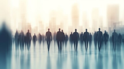 Fototapeta premium Silhouetted figures walking city, sunrise, urban background, business concept