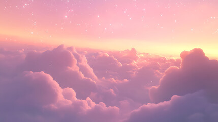 Dreamy Pastel Sky with Fluffy Clouds and Twinkling Stars at Sunset,pastel sky filled with fluffy clouds at sunset,sunset, whimsical,sky with soft colors and twinkling stars,fluffy clouds,dreams,magic.