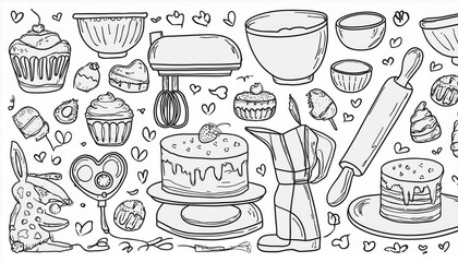 Hand drawn set of baking and cooking elements, mixer, cake, spoon, cupcake, scale. Doodle sketch style. Bakery element drawn by digital brush-pen. Illustration for icon, menu, recipe design.