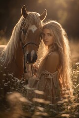 Obraz premium Beautiful female and horse in flower grass field in Spring.