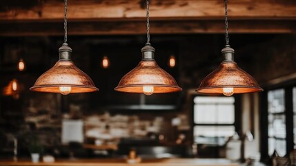 Obraz premium Rustic industrial pendant lights illuminating cozy wooden interior space