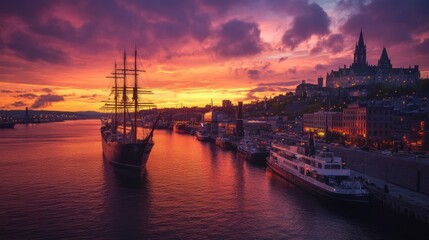 Harbor sunset silhouette of historical ship, city skyline, and ferry boats
