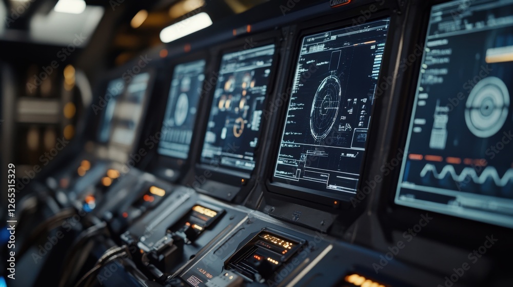 Poster futuristic spaceship control panel displaying complex charts, flight data, and navigation informatio