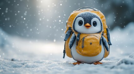 A cheerful penguin explores snow, carrying a colorful backpack