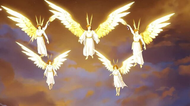 Heavenly beings surrounding the scene, serving as messengers of God's will and agents of divine protection, 4K High-Quality Animation Video