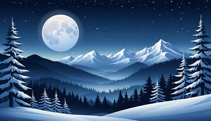 Vector illustration of winter season with a big moon snowfall on the tree