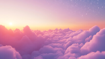 Dreamy Pastel Sky with Fluffy Clouds and Twinkling Stars at Sunset,pastel sky filled with fluffy clouds at sunset,sunset, whimsical,sky with soft colors and twinkling stars,fluffy clouds,dreams,magic.