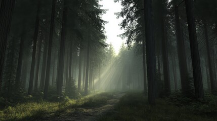 Sunbeams in misty forest path; nature background