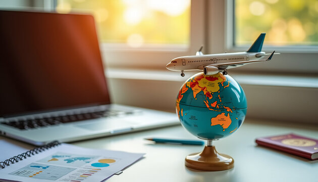 Small airplane model on a globe