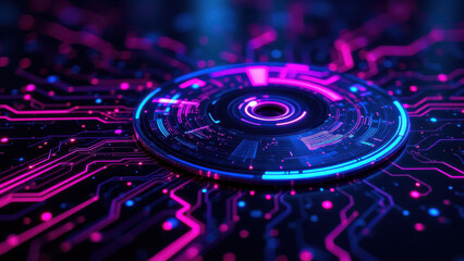Stunning digital art of a circular computer interface with neon-colored cables representing continuous connectivity in a futuristic ci/cd system or kubernetes dashboard.