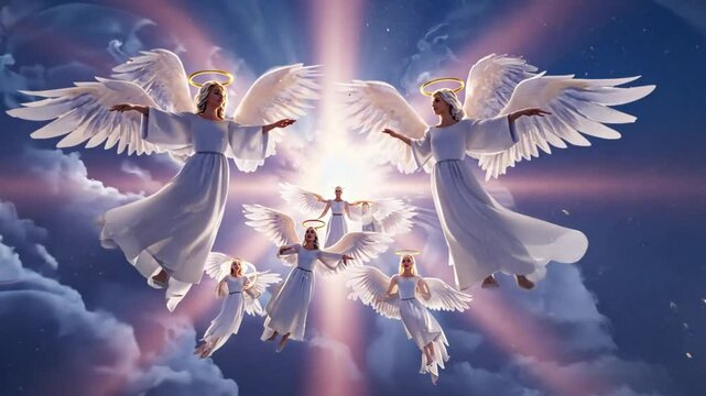 Heavenly beings surrounding the scene, serving as messengers of God's will and agents of divine protection, 4K High-Quality Animation Video