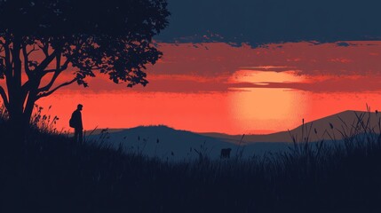 Fototapeta premium Hiker sunset landscape silhouette peace