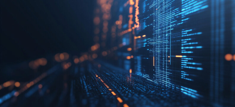 This image shows a blurry perspective of lines of code illuminated in blue and orange hues, suggesting a digital or technological concept.