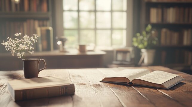 Sunny library, open book on wooden desk, flowers, background bookshelves