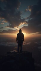 Fototapeta premium Generative AI Image of a lone hooded figure overlooking a sunset sky