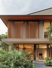 Fototapeta premium Modern house exterior showcases wood accents and lush landscaping