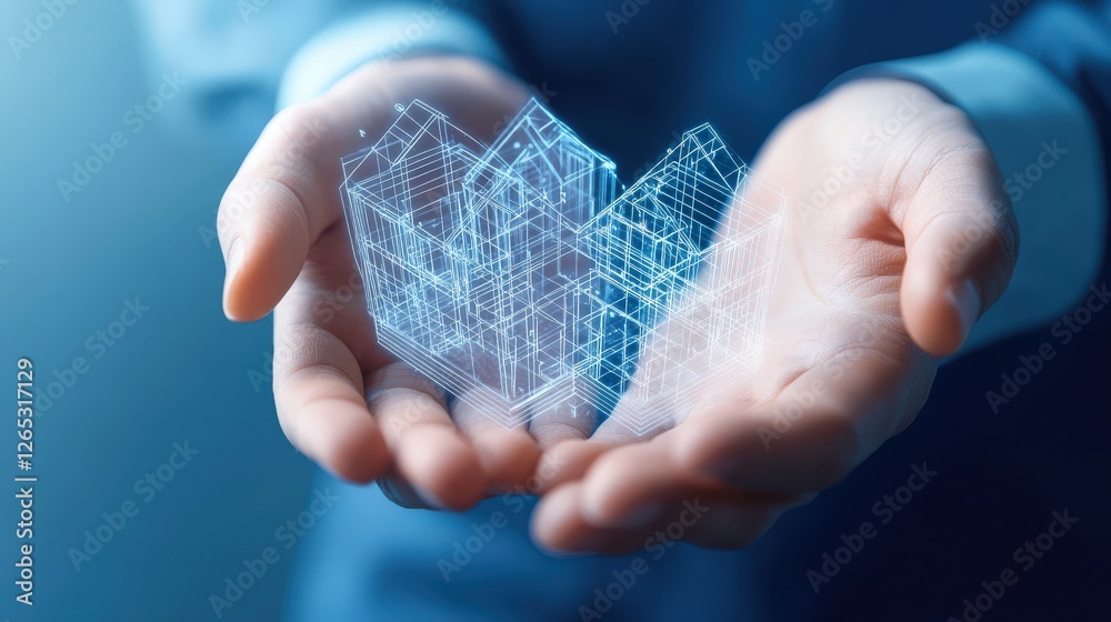 Aufkleber Hands Holding Transparent 3D Building Models with Digital Overlay
