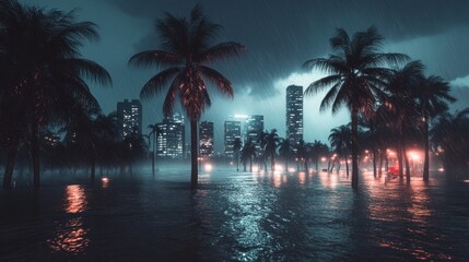 Tropical City Flood, Night Rain, Skyline