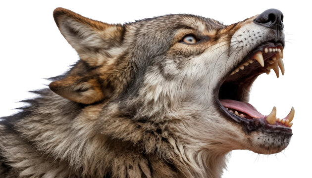 A wolf howling with open mouth and sharp fangs isolated on transparent background. 