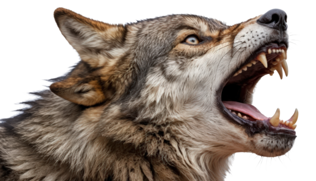 A wolf howling with open mouth and sharp fangs isolated on transparent background. 