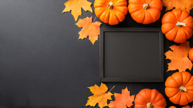 festive autumn scene featuring vibrant pumpkins and colorful leaves surrounding blank frame, perfect for seasonal decorations or invitations