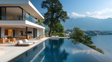Fototapeta premium Contemporary outdoor lounge with a glass-edge infinity pool, creating a floating water effect with copy space