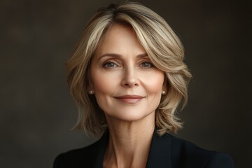 Fototapeta premium Elegant woman with short blonde hair and subtle makeup poses confidently against a neutral background