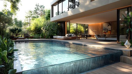 Contemporary outdoor lounge with a glass-edge infinity pool, creating a floating water effect with copy space