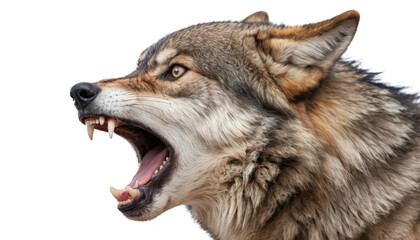 Obraz premium A wolf howling with open mouth and sharp fangs isolated on transparent background. 
