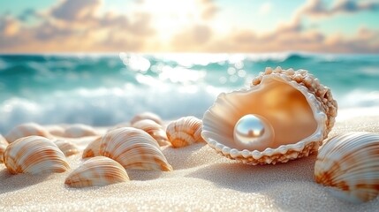 Open seashell with pearl on sandy beach at sunrise