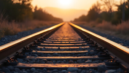 Fototapeta premium Long railroad tracks surrounded by gravel and wooden sleepers on a blurred background.