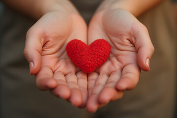 Obraz premium Close up of open hands tenderly holding small red heart, warm natural light