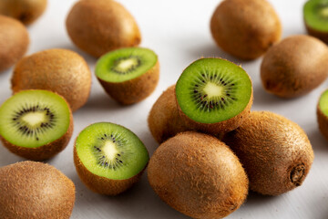 Organic Brown Kiwi Fruit, low angle view. Close-up.