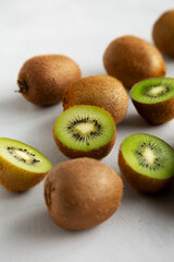 Organic Brown Kiwi Fruit, low angle view. Close-up.