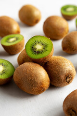 Organic Brown Kiwi Fruit, low angle view. Close-up.