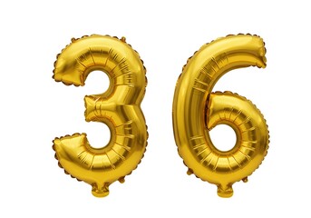 Festive Gold Number 36 Balloons on White Background for Celebrations