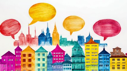 Colorful City Skyline with Speech Bubbles Representing Language Exchange and Communication in Urban Meetup Setting