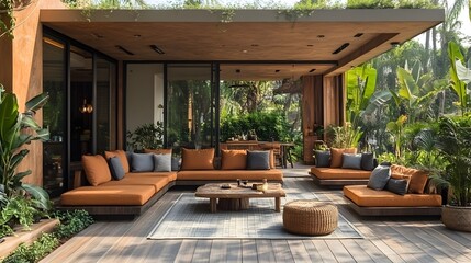 Rooftop terrace transformed into a lush tropical paradise, filled with greenery and comfortable seating with copy space